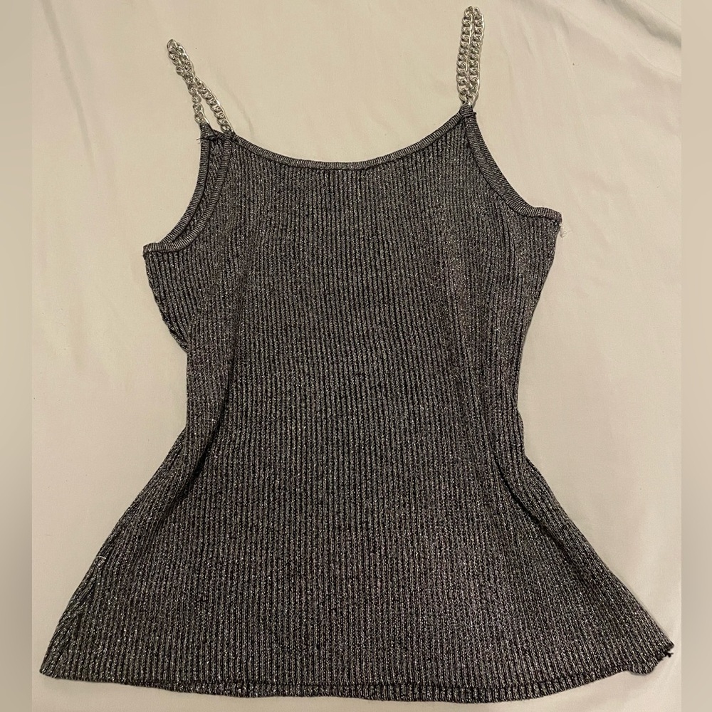 No Boundaries Sparkly Gray Ribbed Camisole with Metal Chain Straps